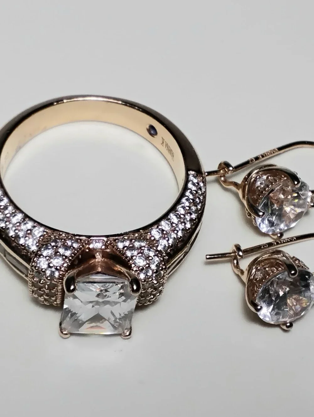 Vanna K Rose Gold 925 Silver Emerald Cut CZ Ring Sz 9 w/ Earrings Set